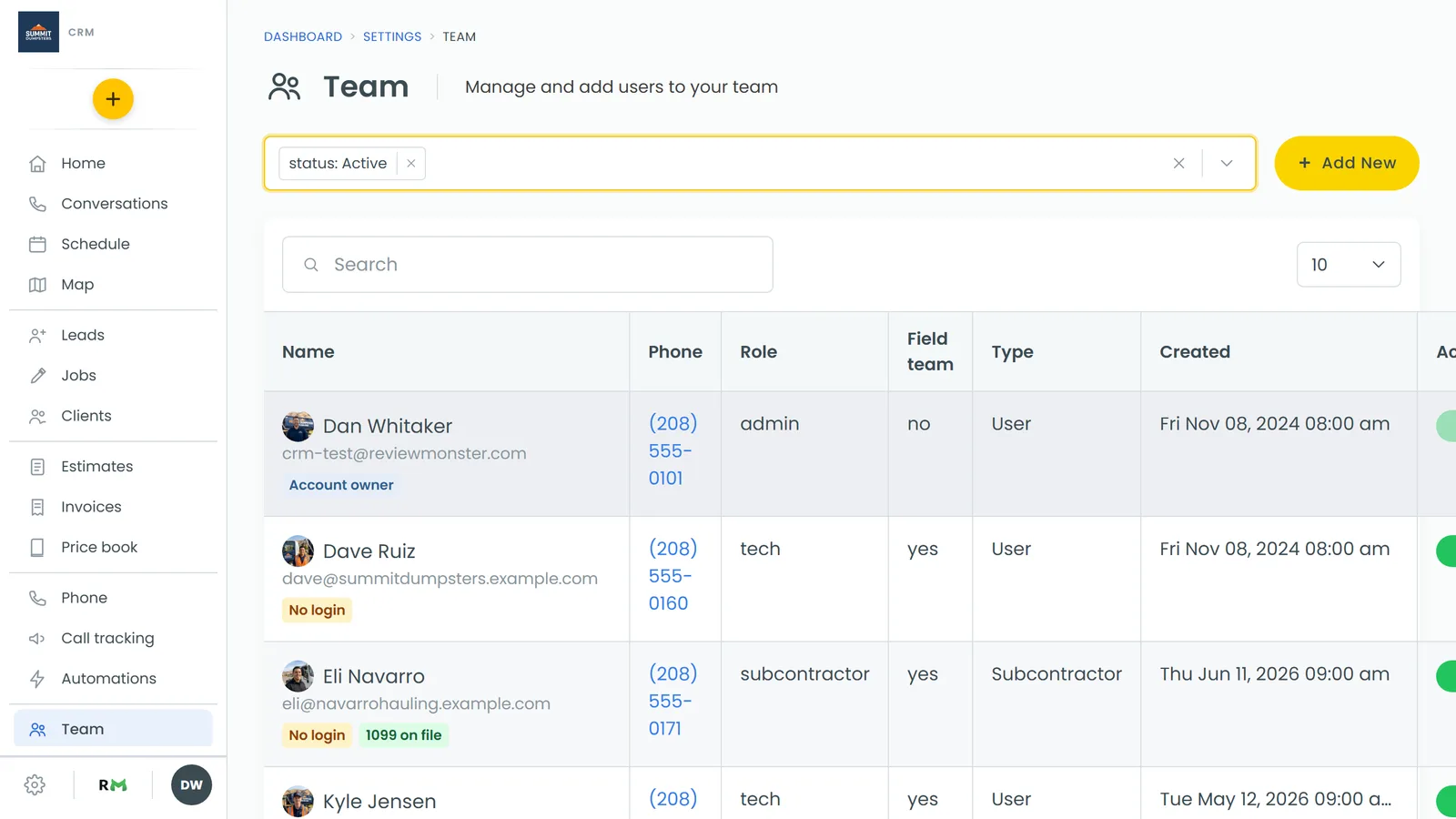 The Team page, with everyone on your team and the Add New button