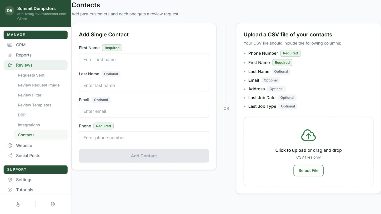 The same two cards you see in onboarding: Add Single Contact and Upload a CSV file of your contacts