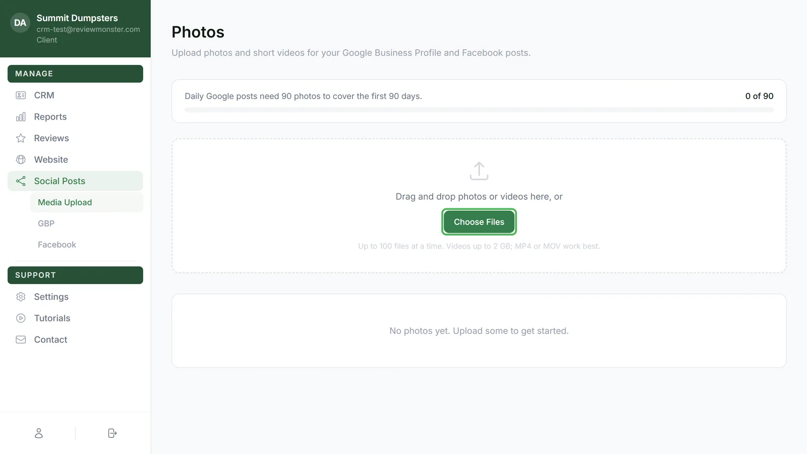 The Media Upload page, with Choose Files and Take Photo