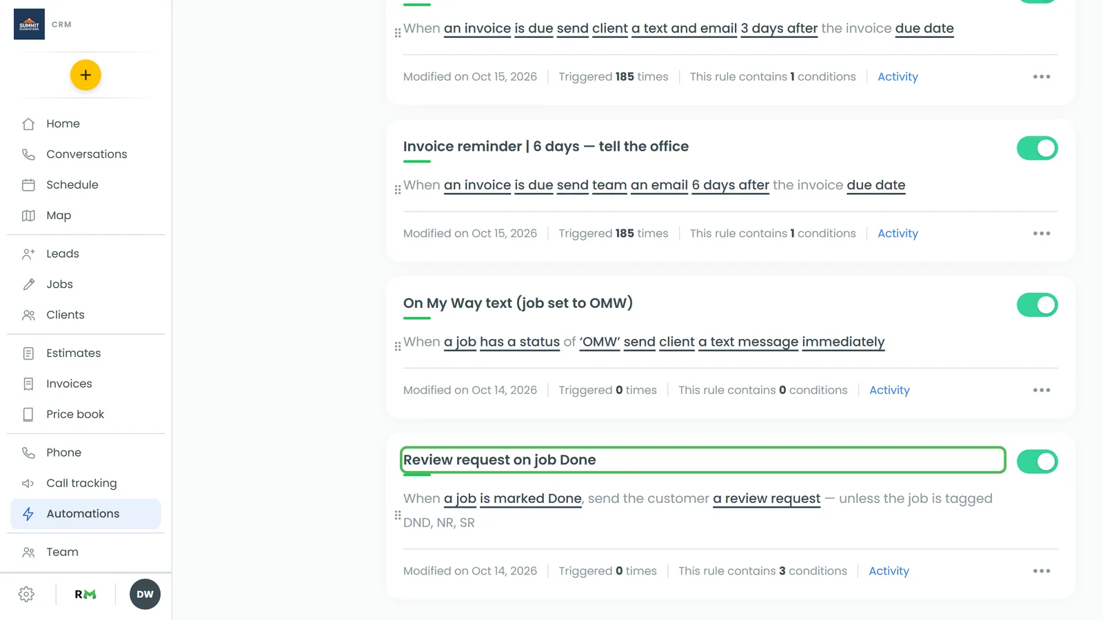 The review rule in My Automations