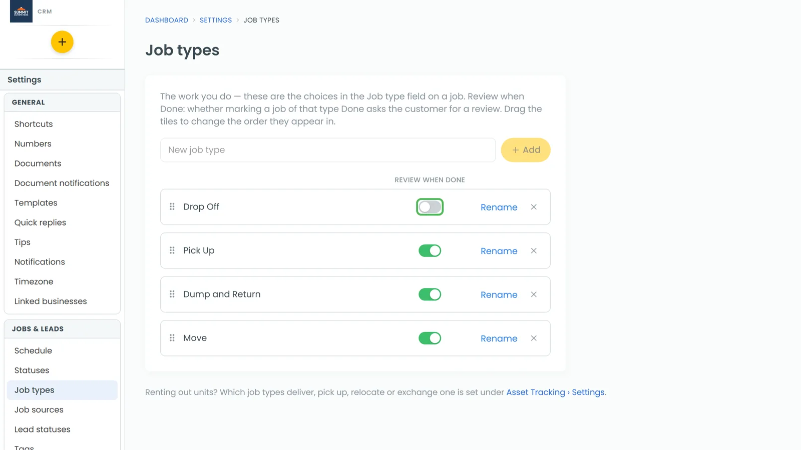The Review when Done column on Job types