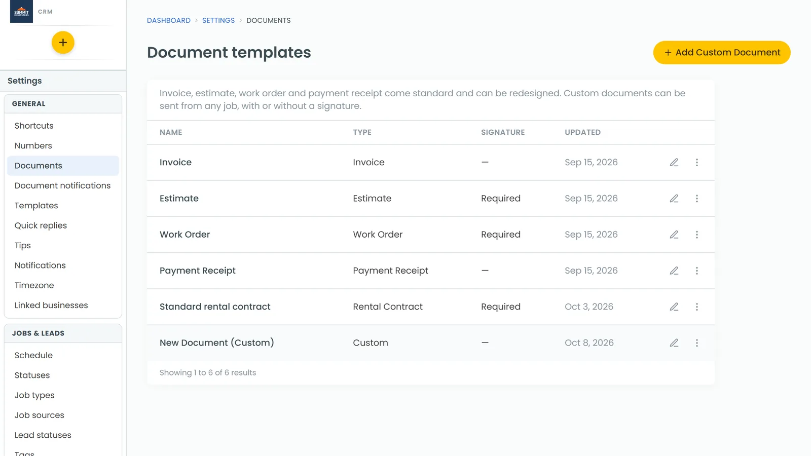 The Document templates list in Settings
