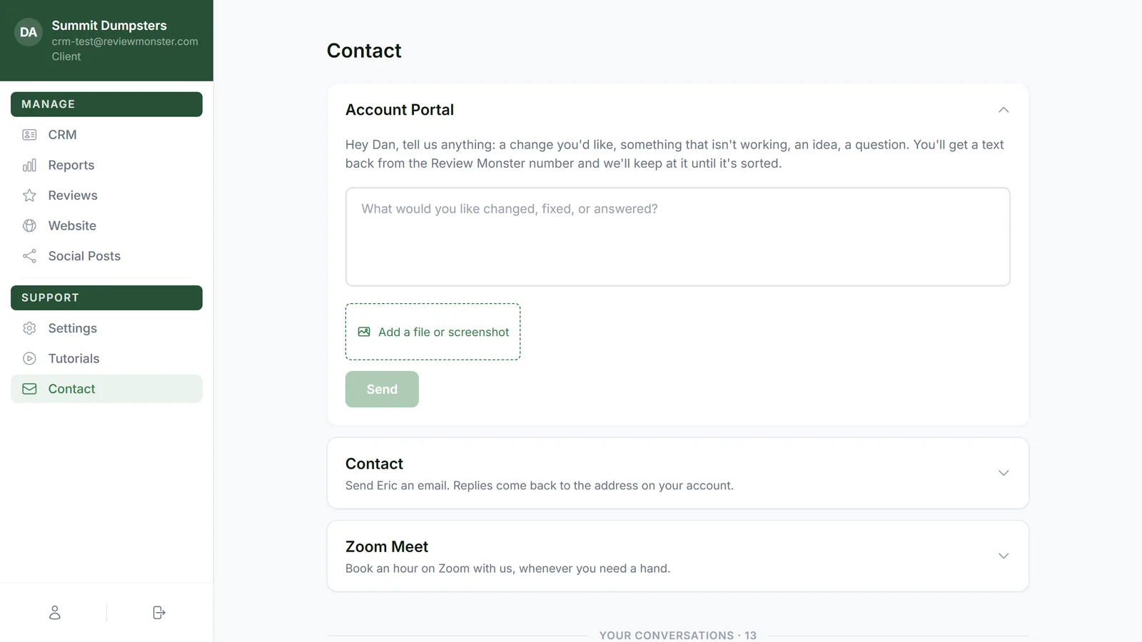The Contact page, with Zoom Meet under Account Portal and Contact
