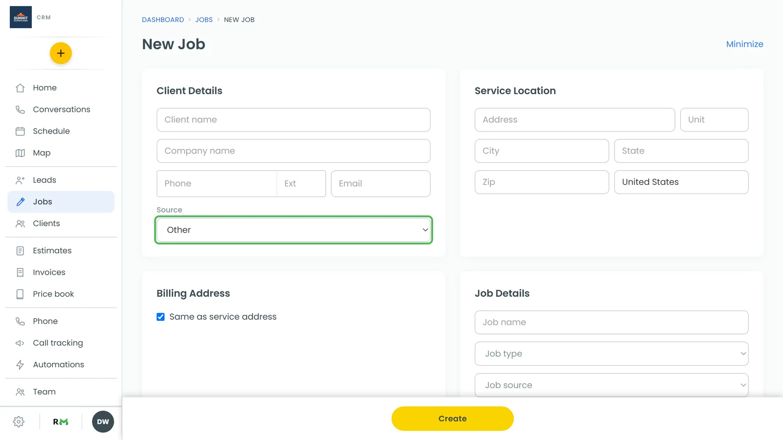 The Business chooser at the top of the New job form