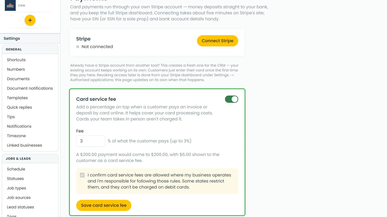 The Card service fee box on Settings › Payments