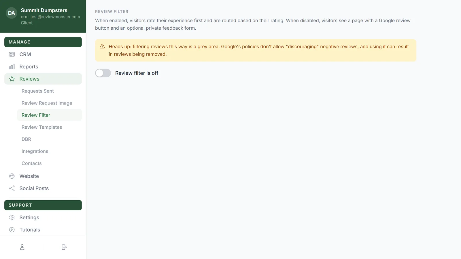 The Review routing block under Review Filter, with the four rating rows and the slider