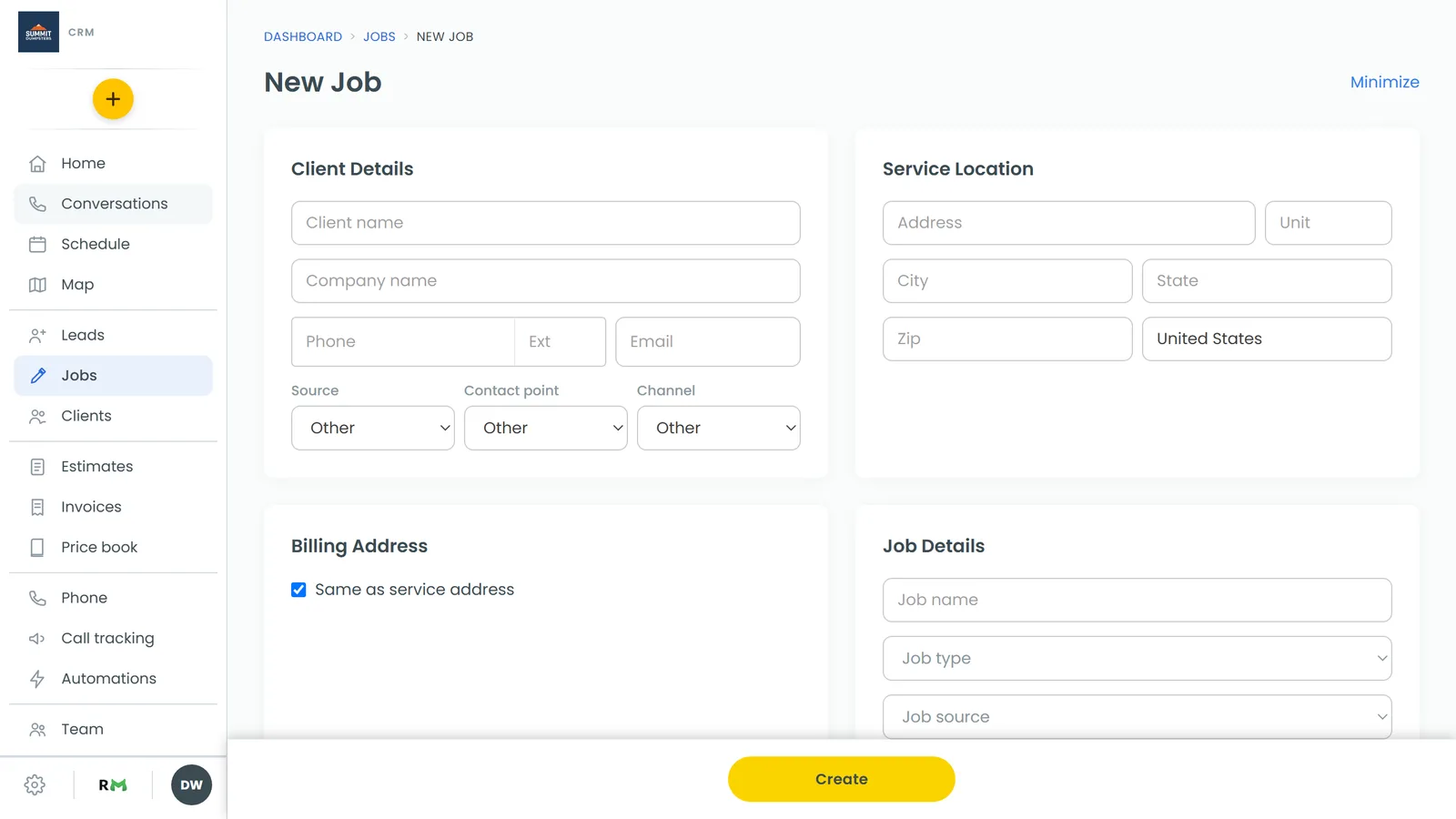 The New Job form