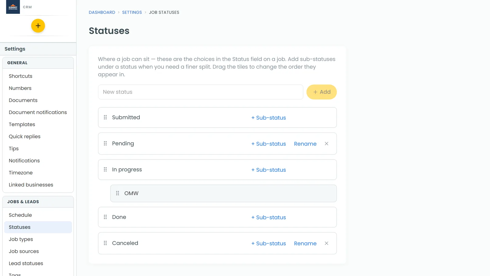The Statuses page, where you set what a job's Status menu offers