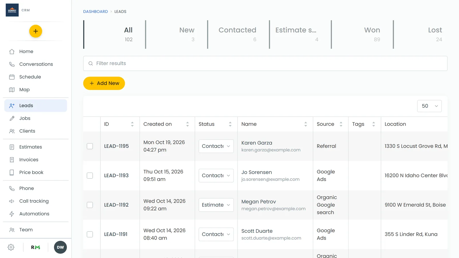 The Leads page, with your pipeline stages across the top