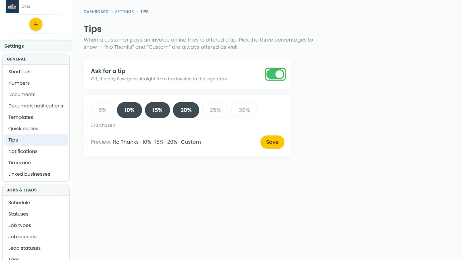 The Tips settings page, with the Ask for a tip switch at the top