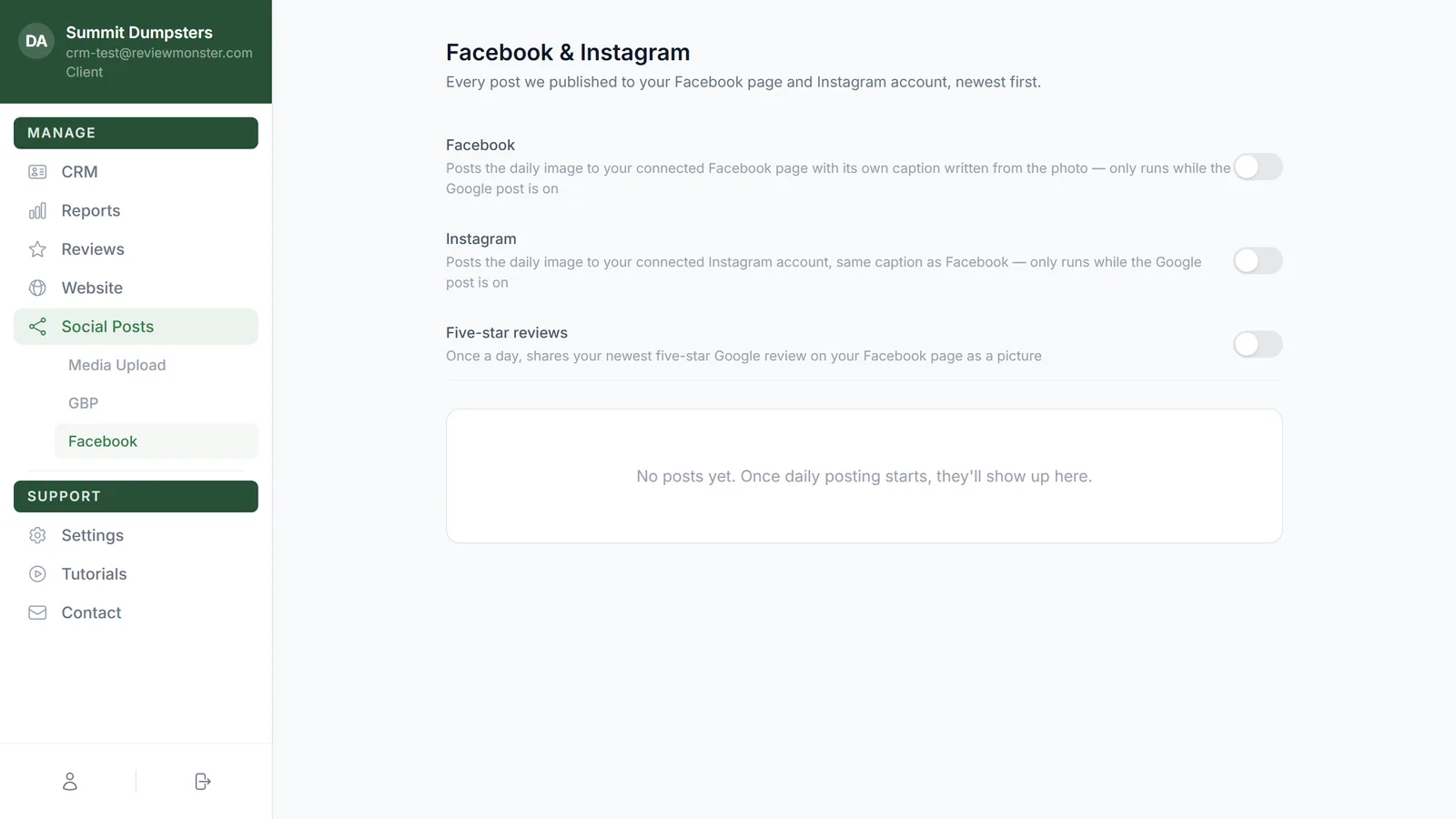 The Facebook and Instagram switches on Social Posts › Facebook