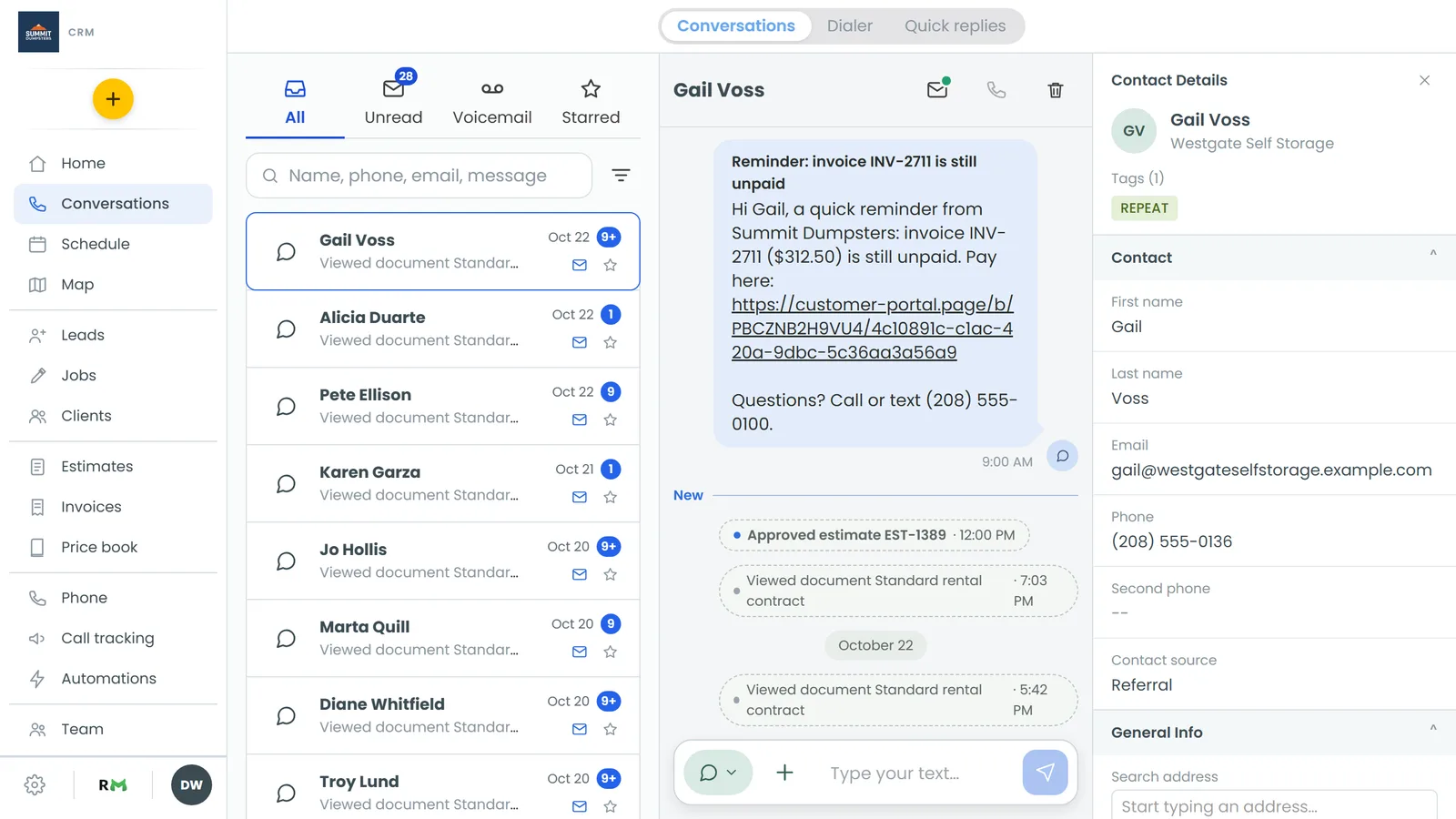 The Conversations inbox with the All, Unread, Voicemail and Starred tabs