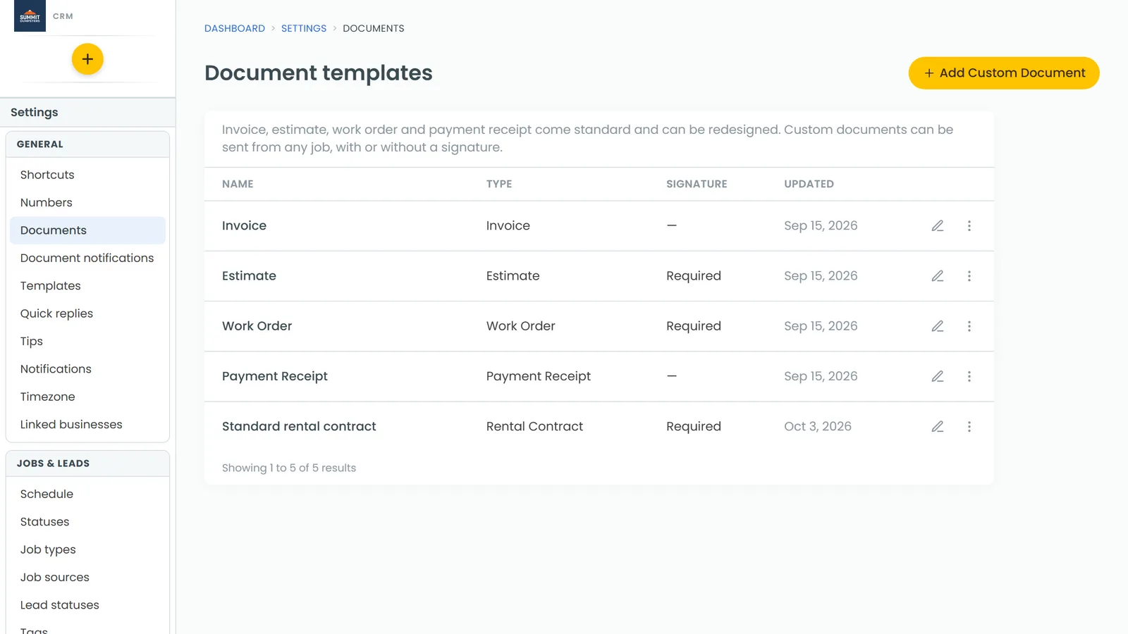 The Document templates page, with your standard templates and any custom ones