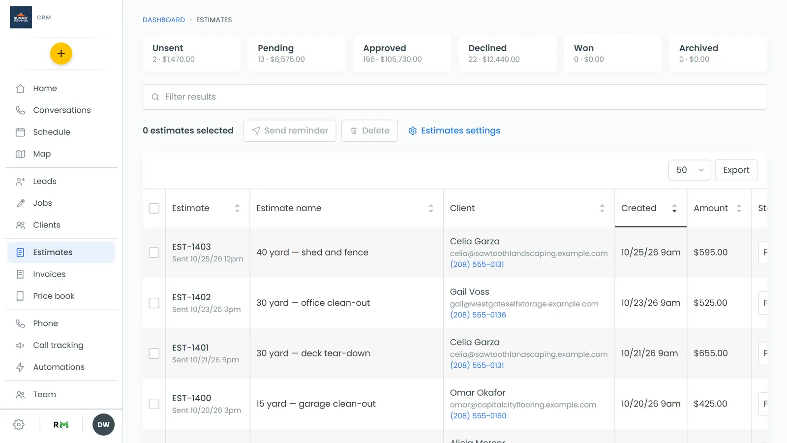 The Estimates list. Click an estimate's number to open it