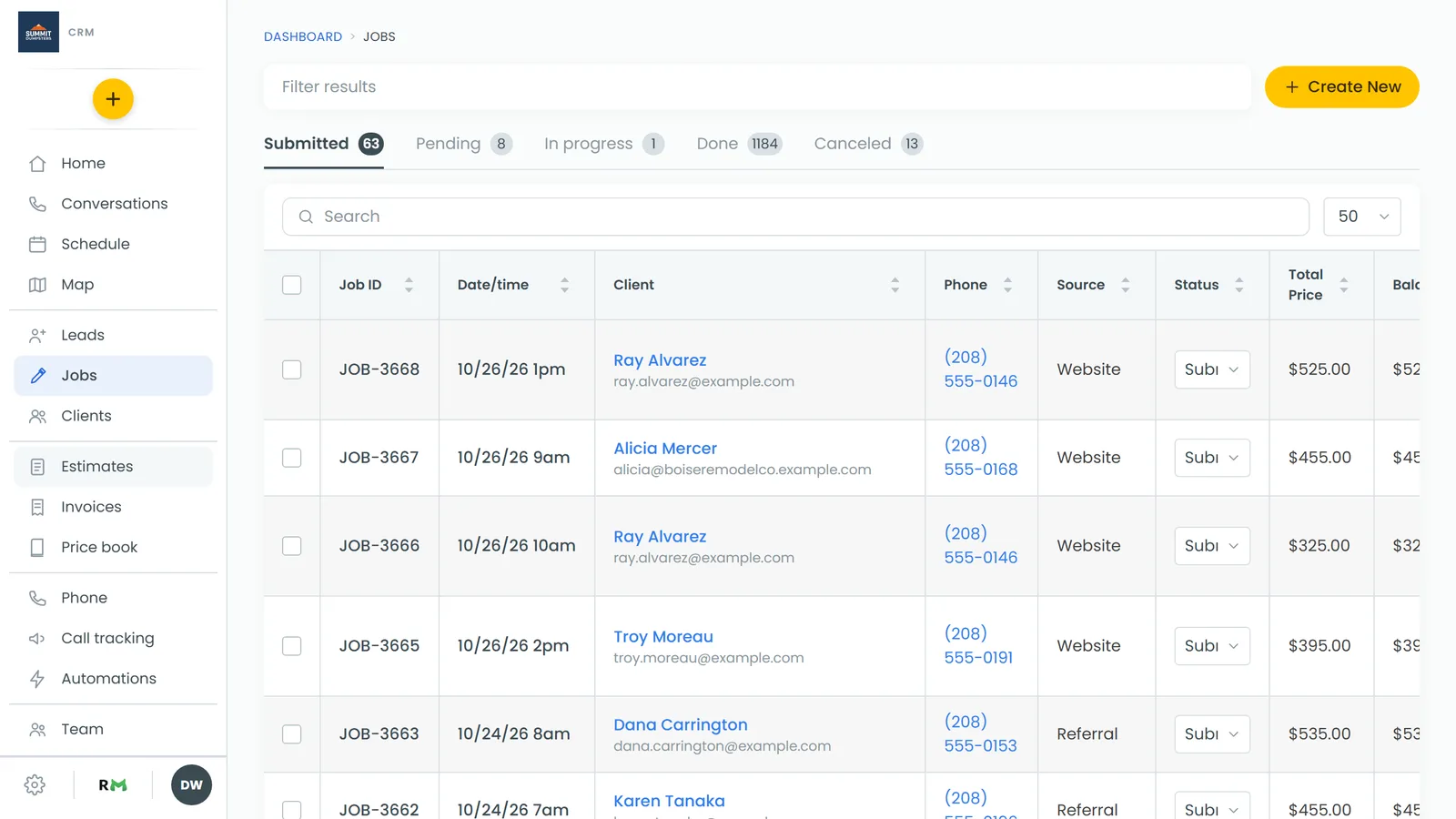 The Create Invoice button at the top right of a job