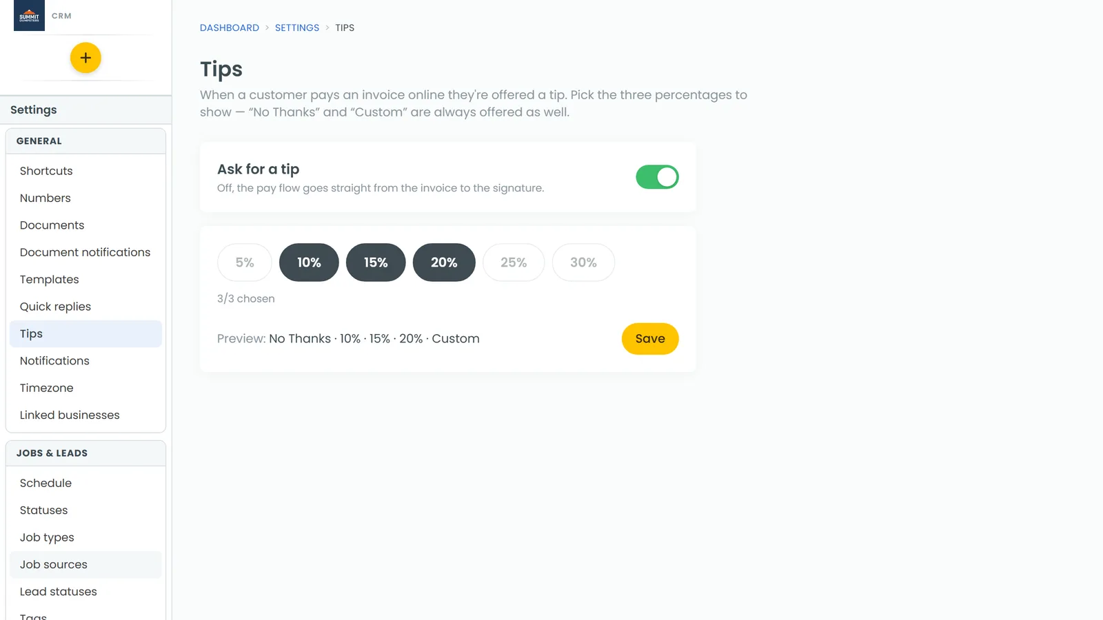 The Tips page in Settings