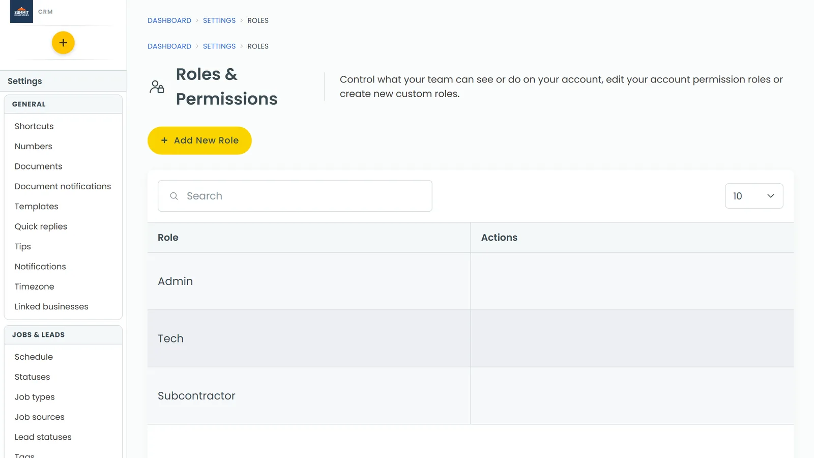 The Roles & Permissions page with the built-in roles listed