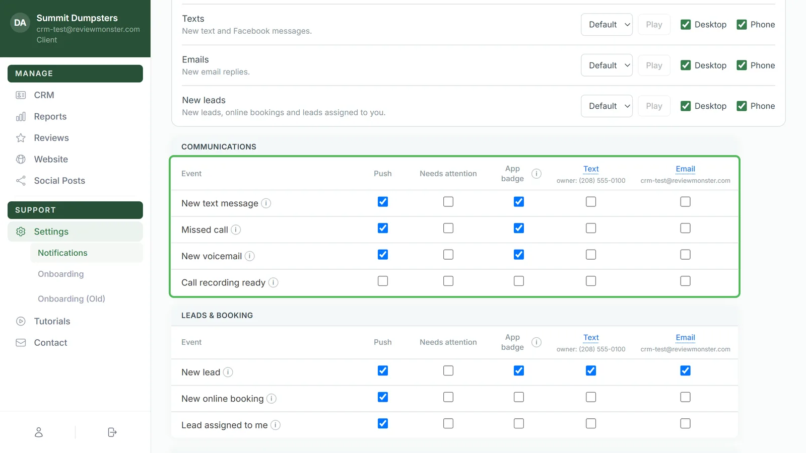 The Notifications grid under Settings