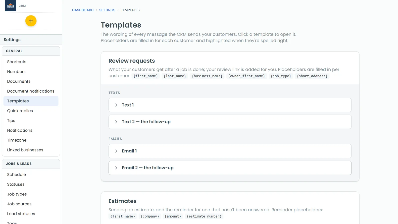 Settings › Templates: one tile per kind of message