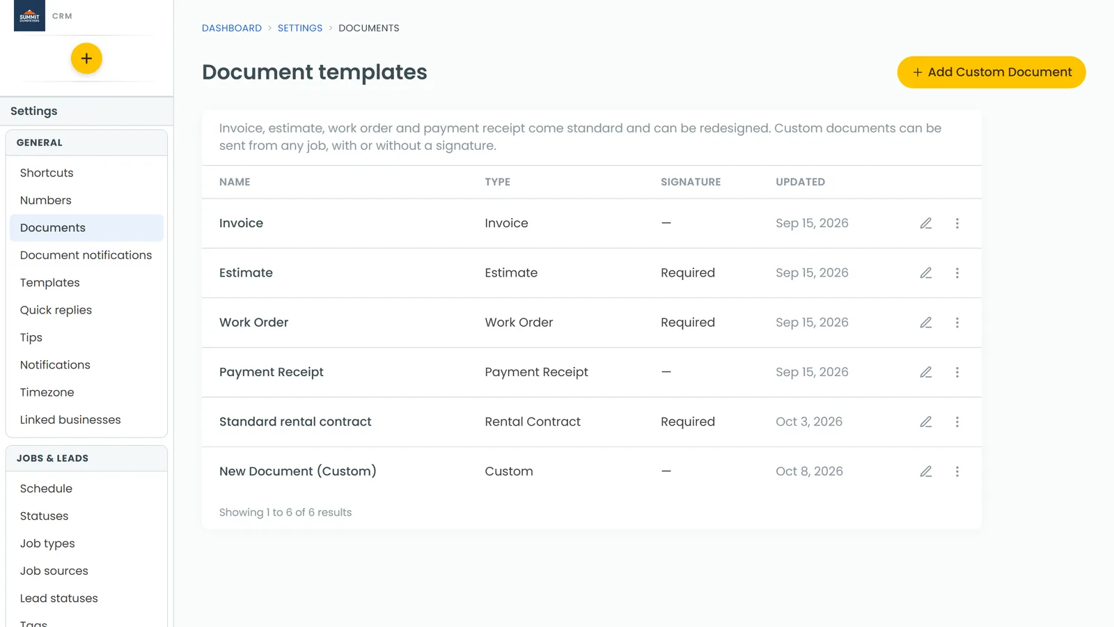 Editing a template's message in Document settings