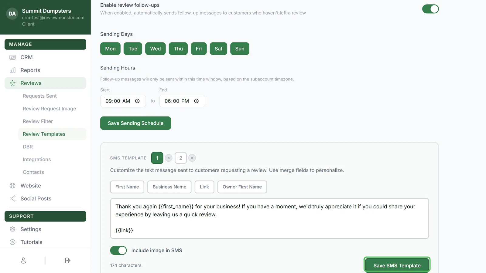 The SMS Template card on Reviews › Review Templates