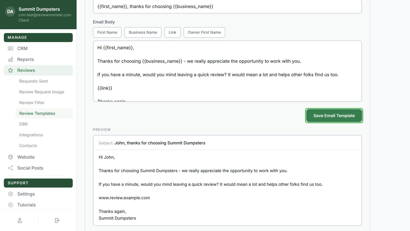 The email preview under the Email Template card