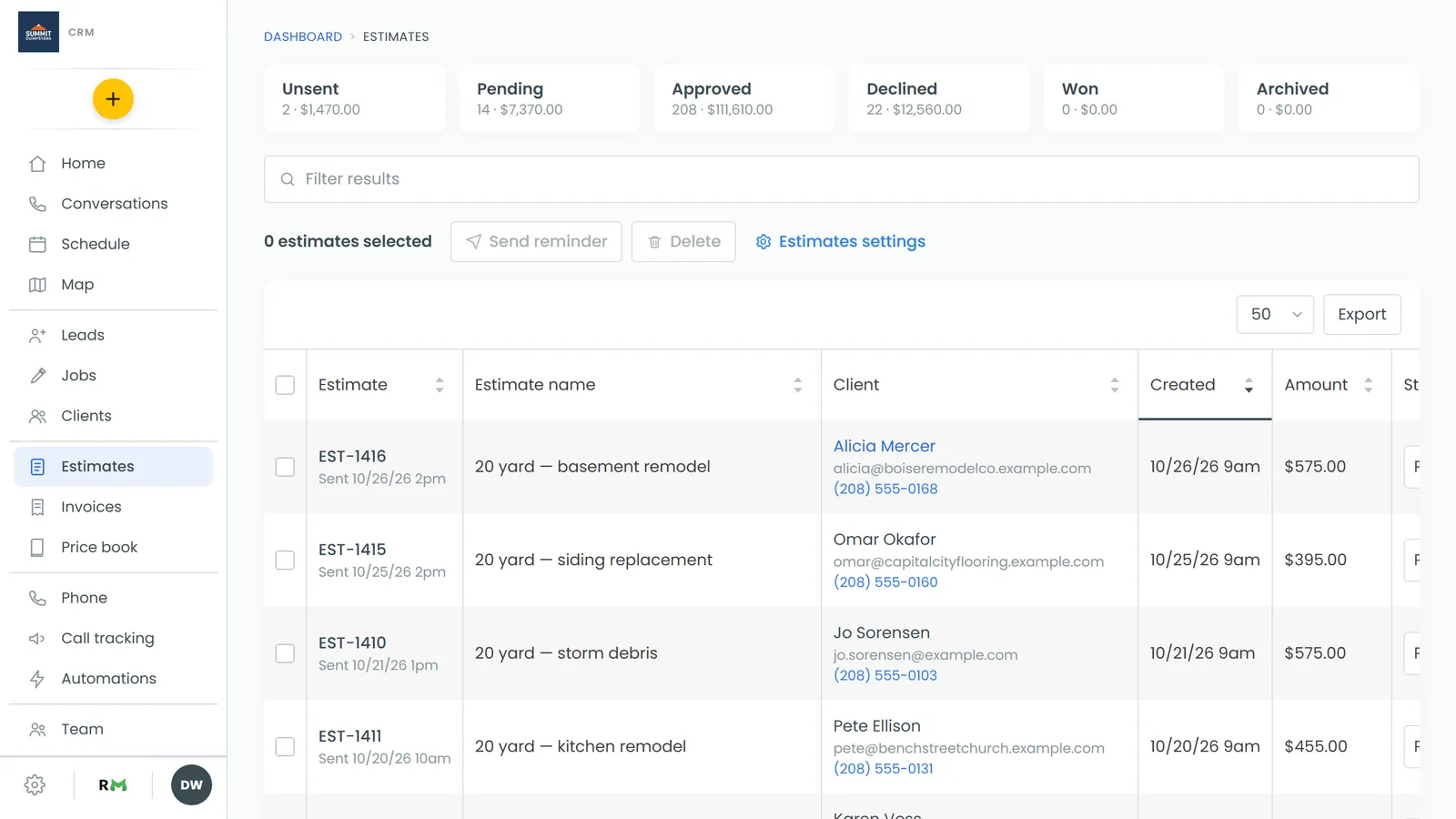 The Estimates page, where every estimate opens from