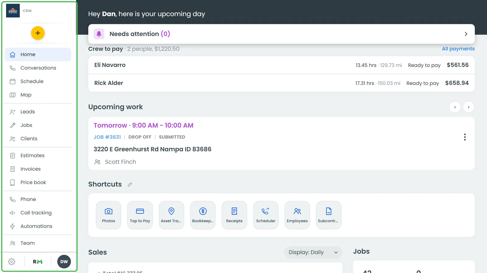 The menu down the left side of the CRM