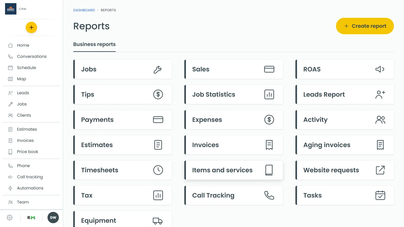 The Reports page, with one tile for each report