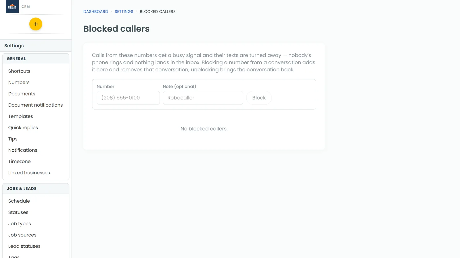 The Blocked callers page, where you can block or unblock a number