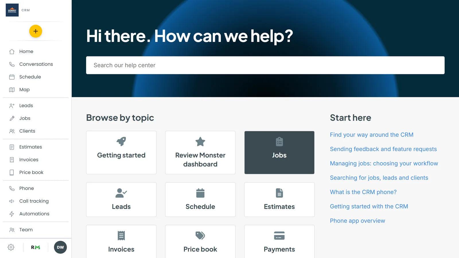 The Help Center home page