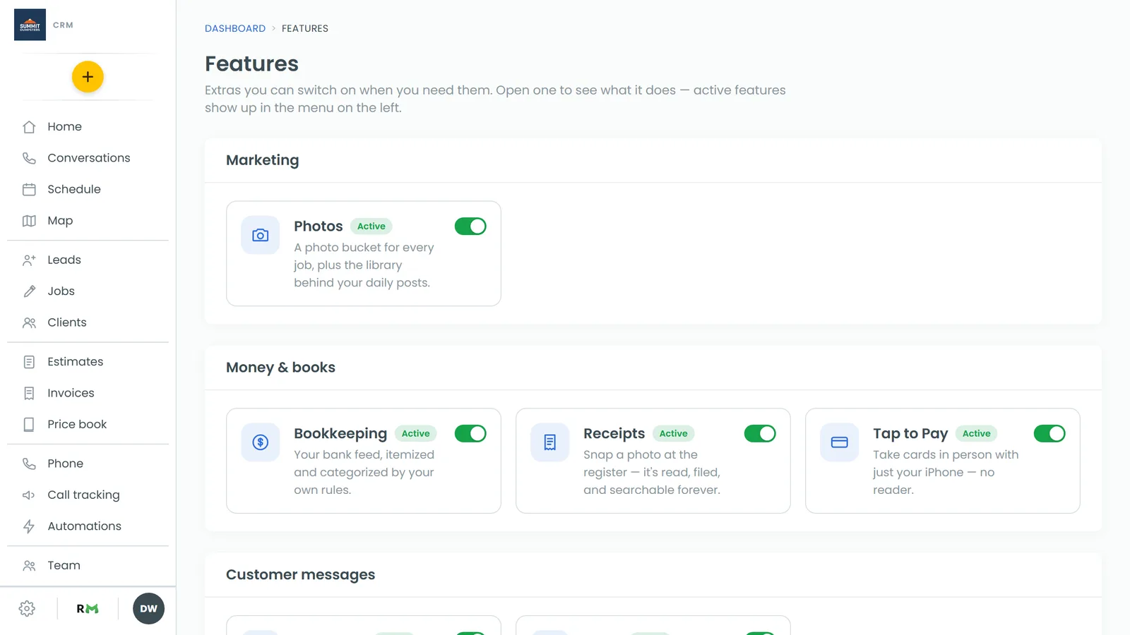 The Features page, where you switch extras on and off