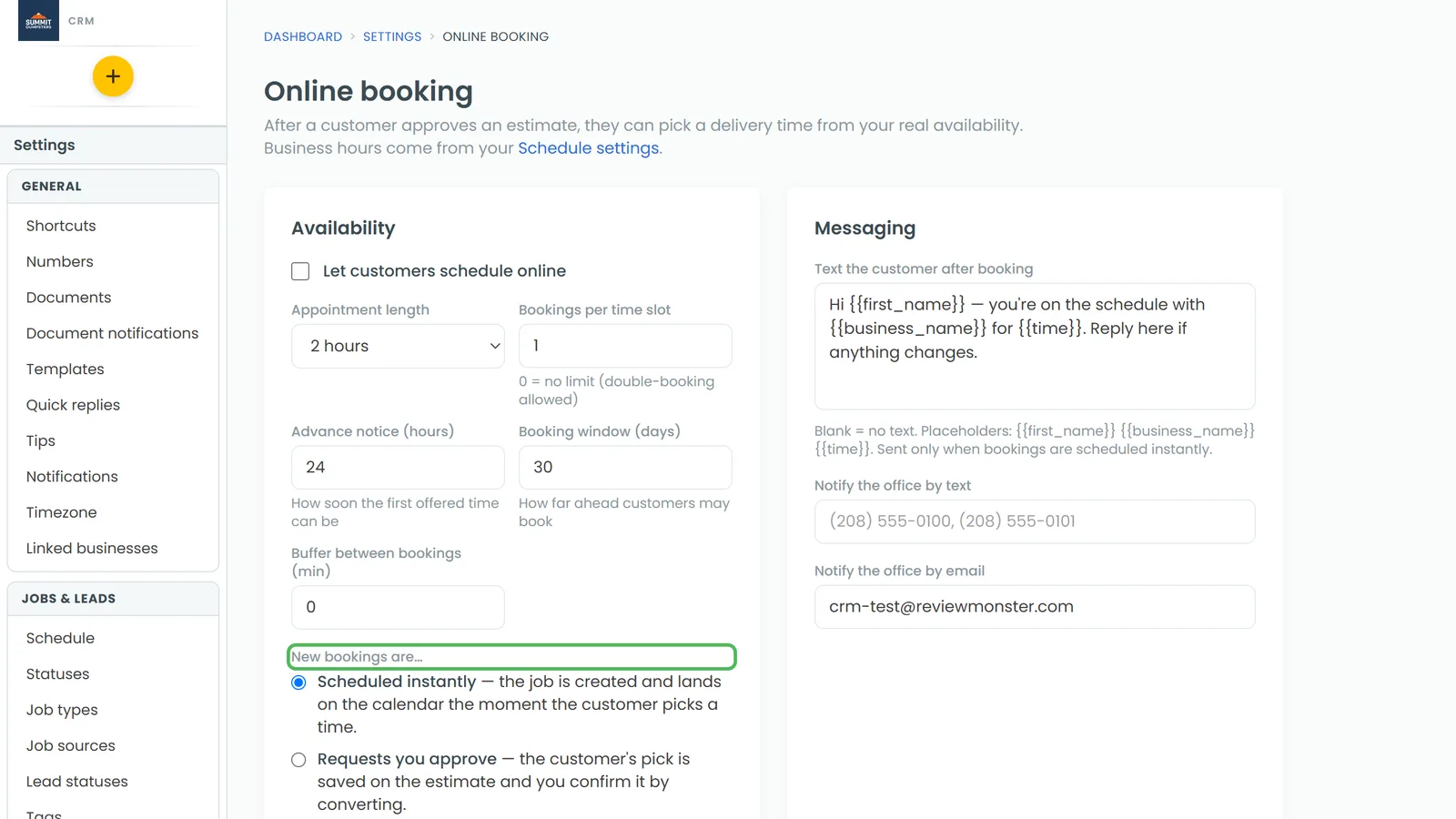 The "New bookings are…" choice on the Online booking settings page