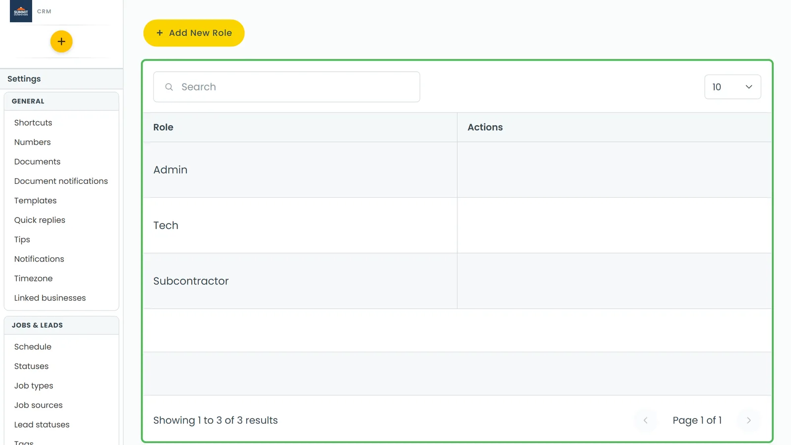 The Roles & Permissions page, with Admin, Tech and any custom roles