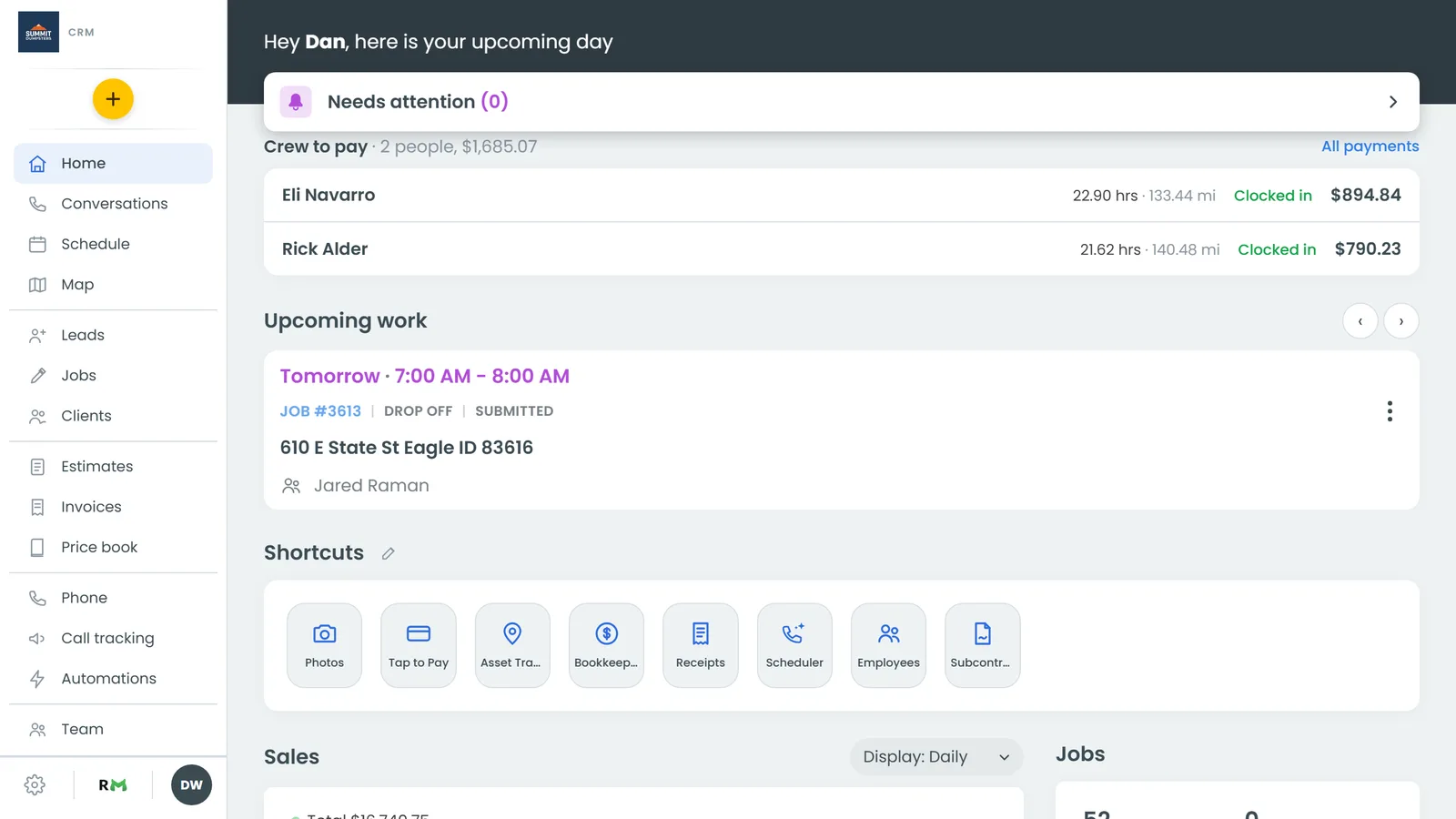 The Home screen: the greeting band, Needs attention and Upcoming work