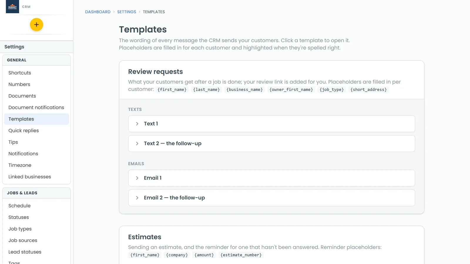 The Review requests templates, with each text and email marked Sending or Not being sent right now