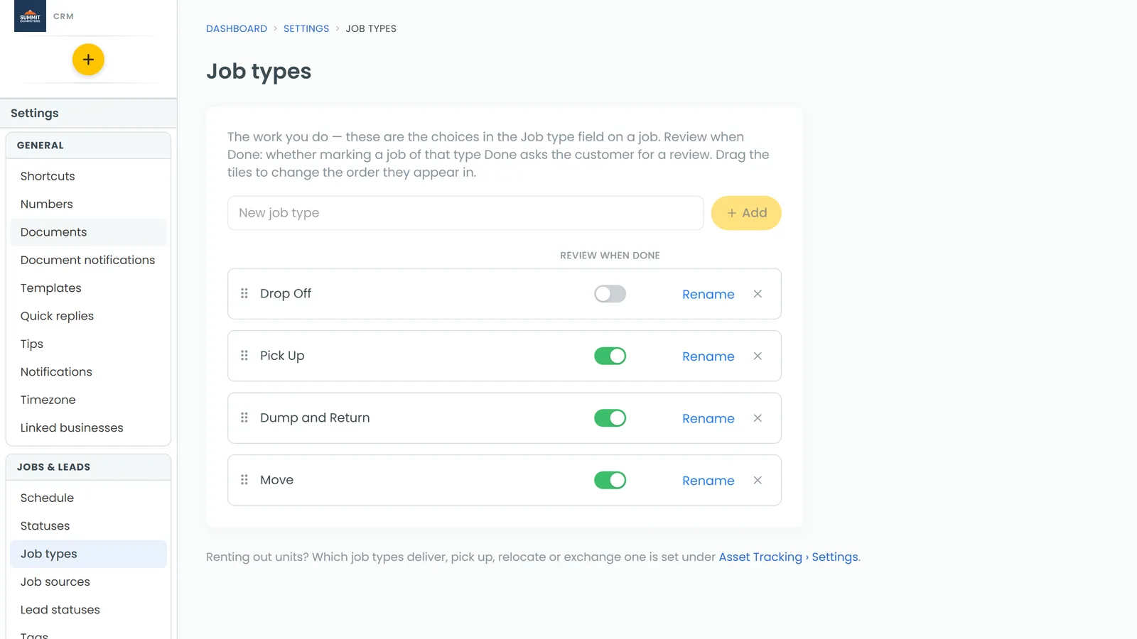 The Job types page, with the Review when Done switch beside each type
