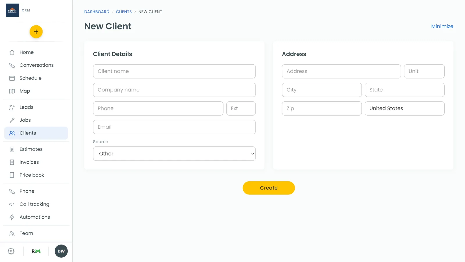 The New Client form on the web
