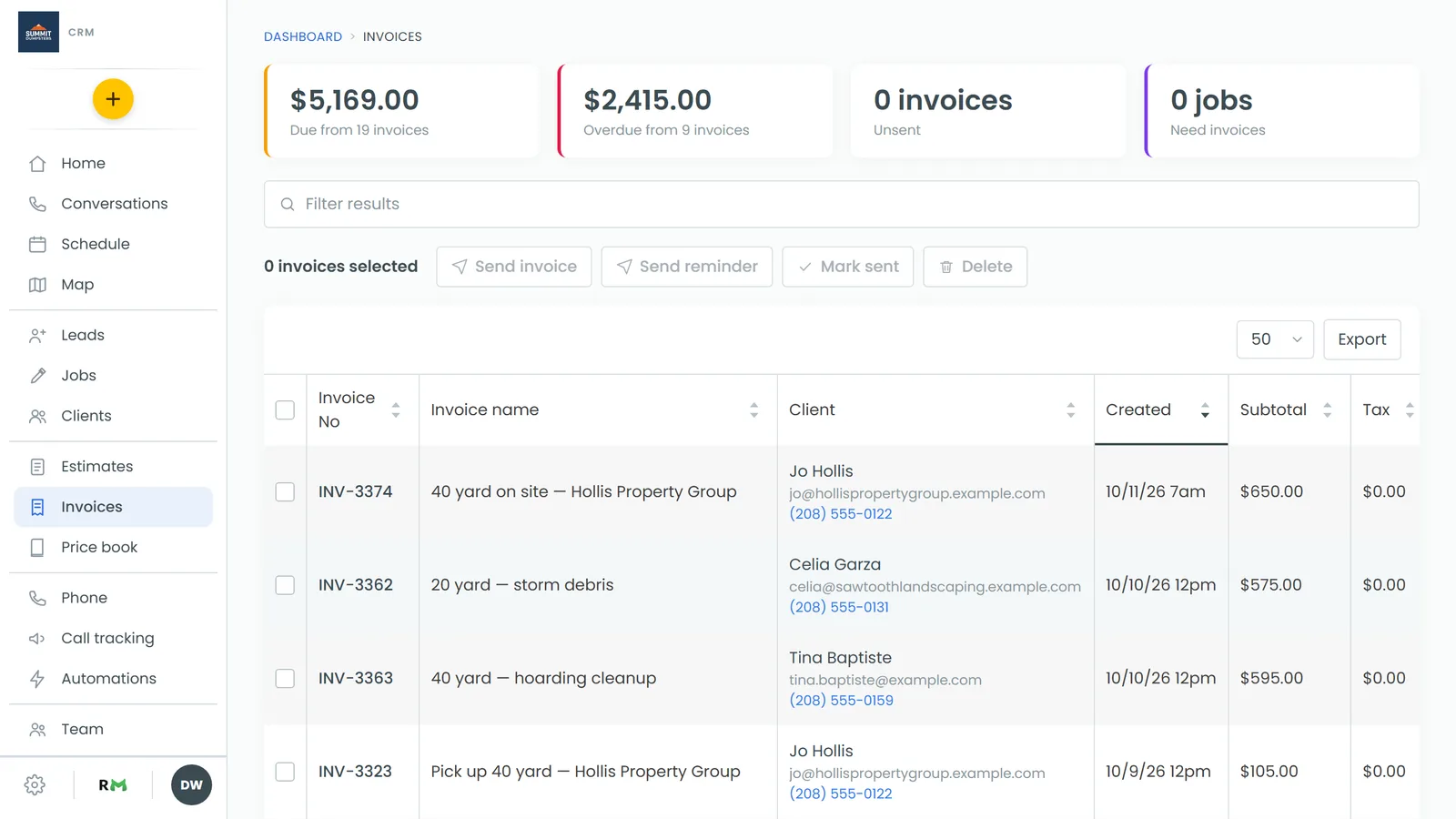 The Invoices list, with "Not sent" under any invoice that hasn't gone out