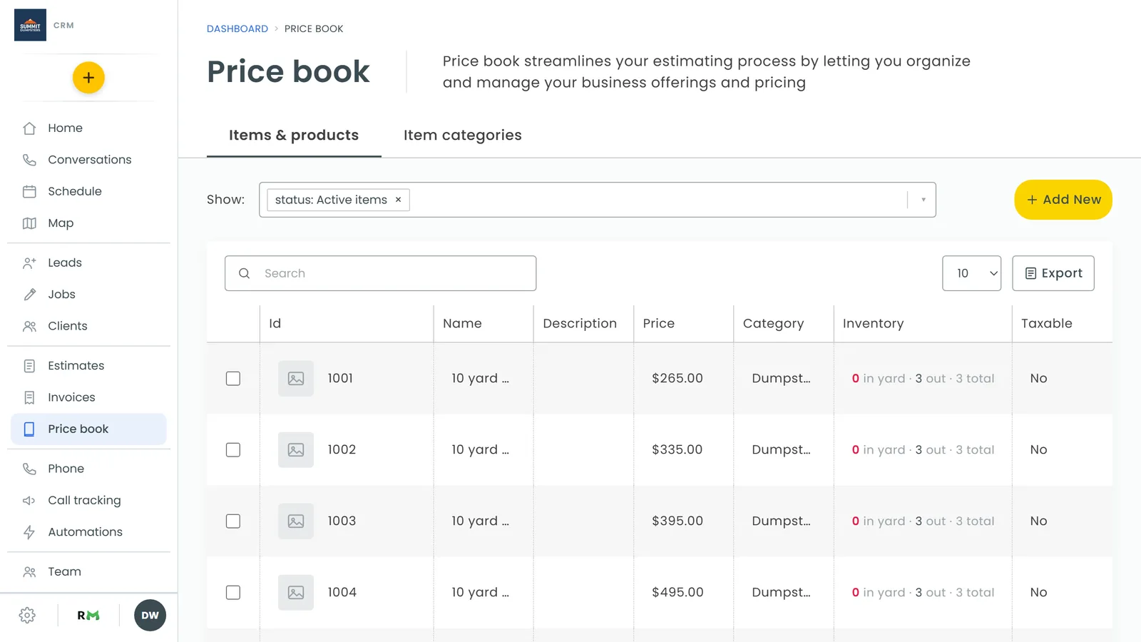The Items & products tab of the price book