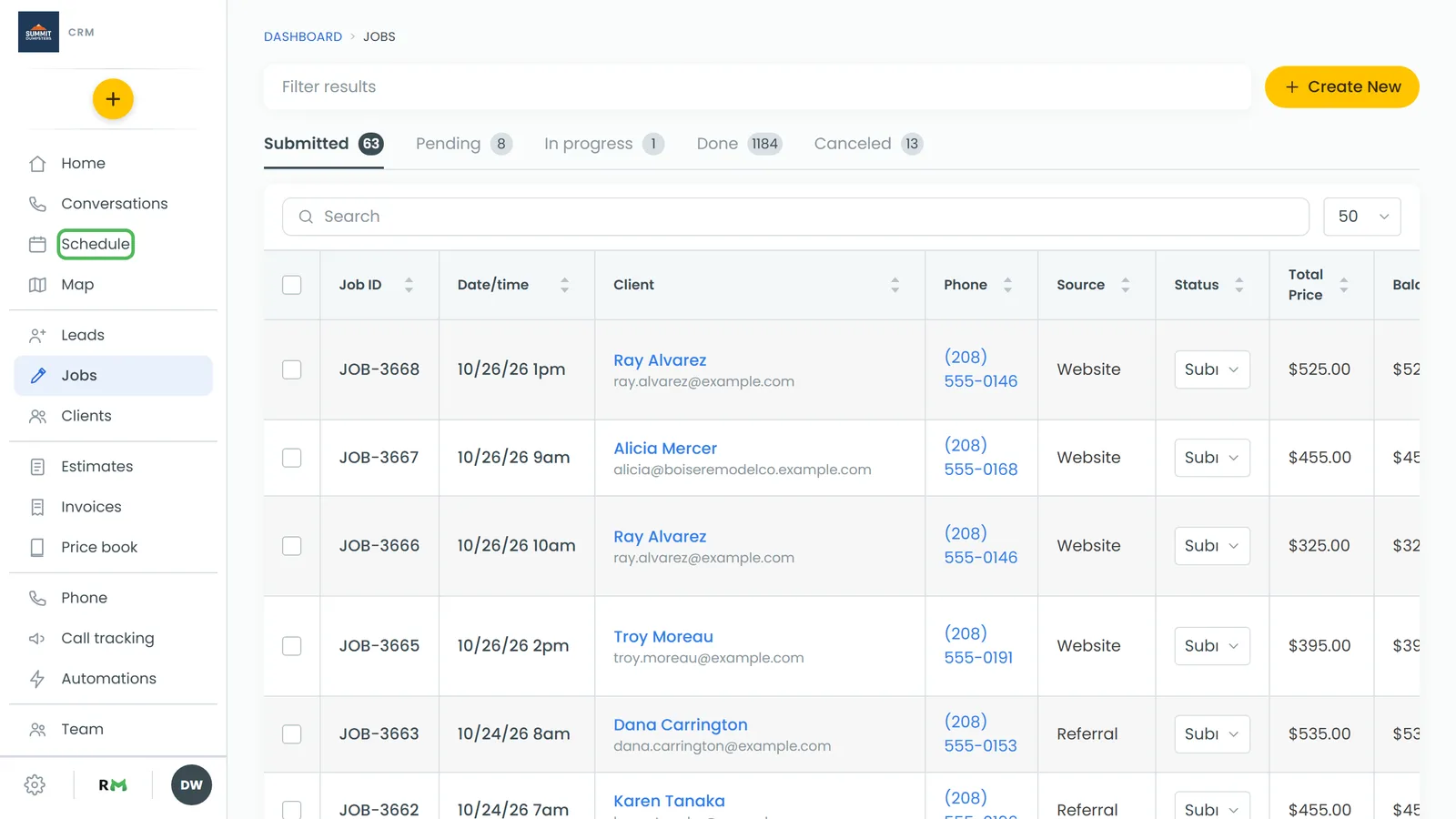 The Schedule section on a job's Details tab, where you give the copy its date