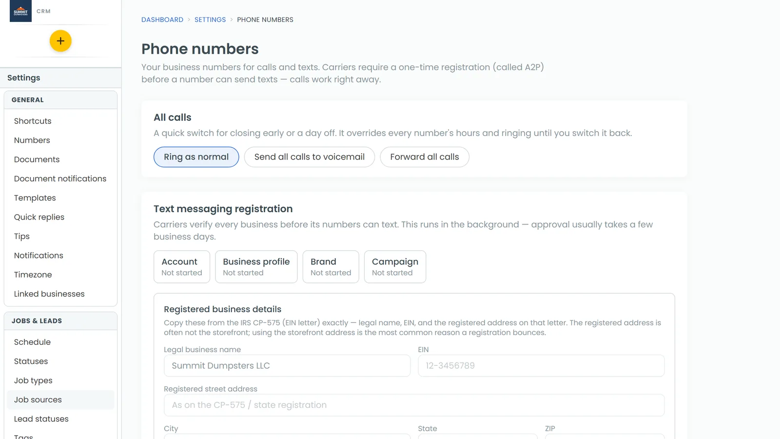Settings › Phone numbers, with your numbers and the Buy a number button
