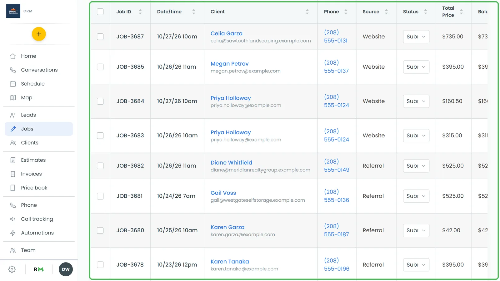 A refunded payment on a job's Payments tab