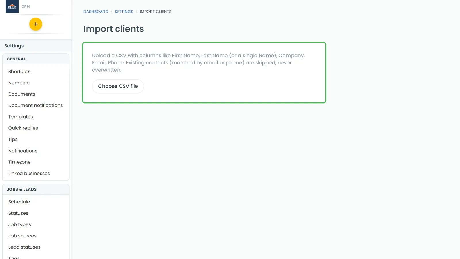 The Import clients page