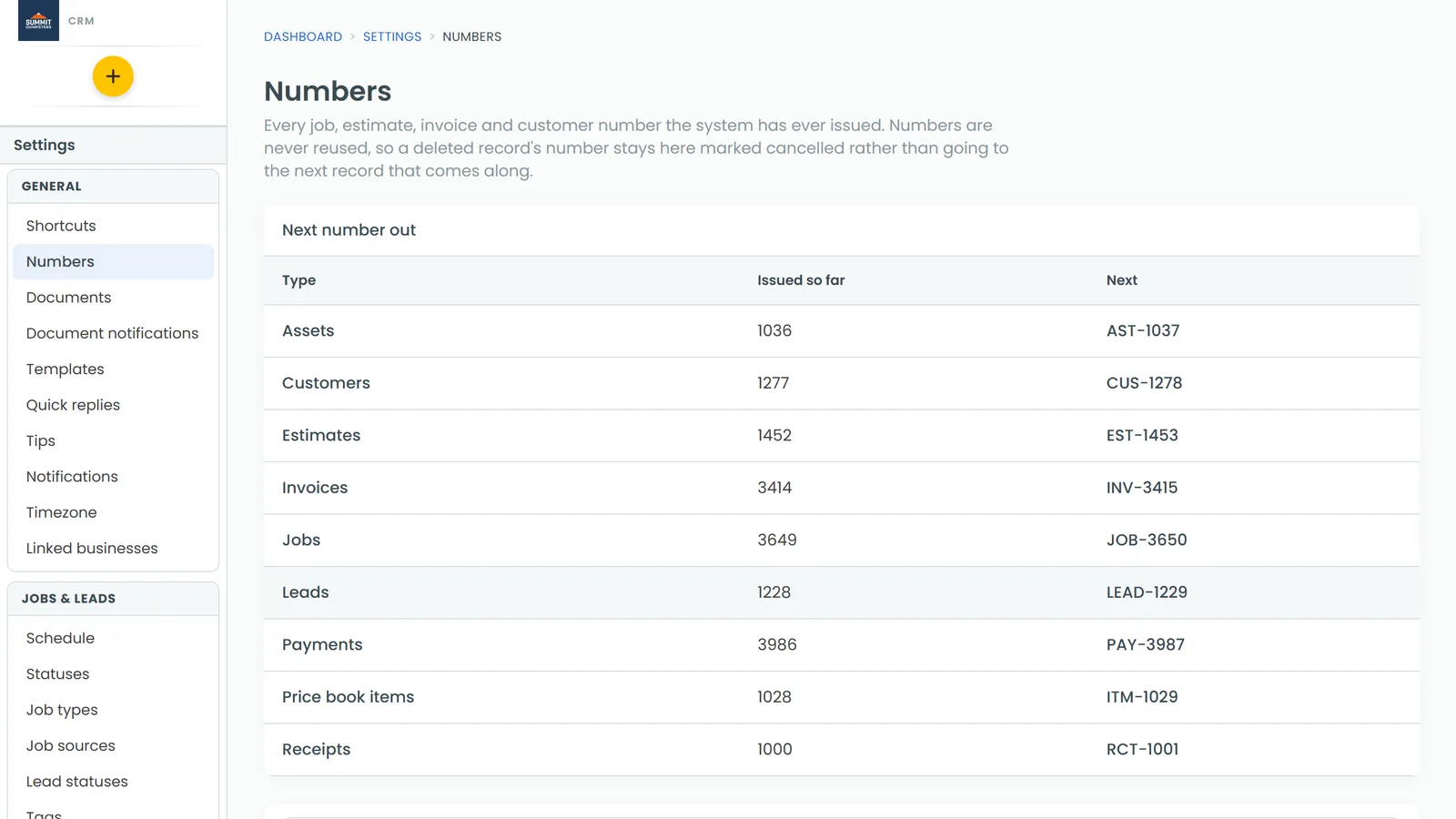 The Numbers page in Settings