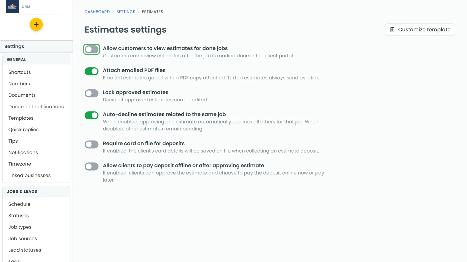 The Estimates settings page