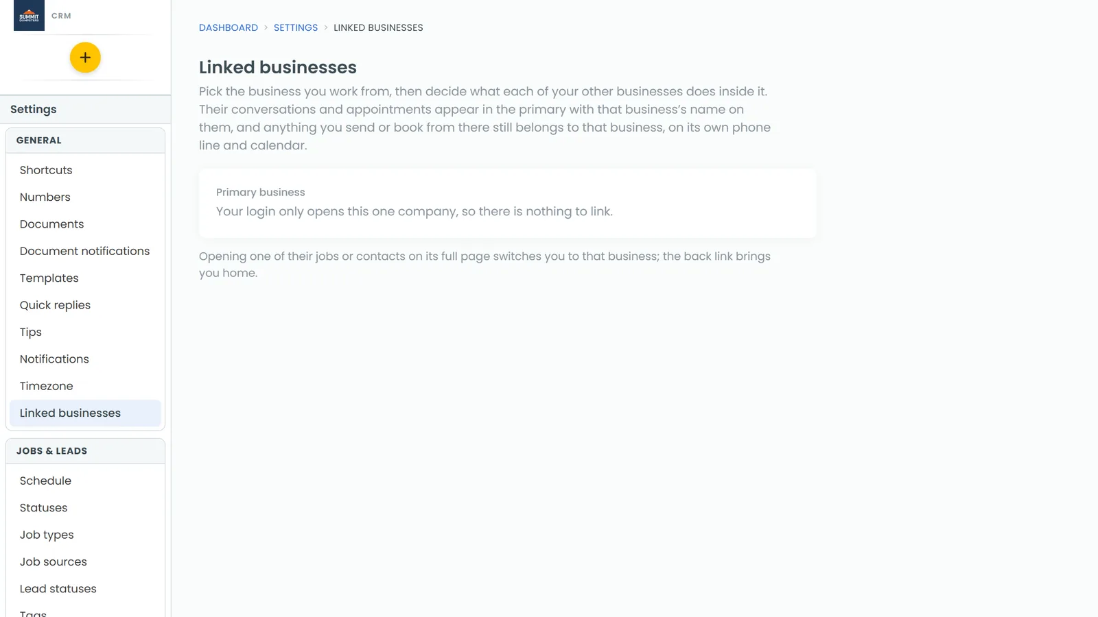The Linked businesses page, with the primary business at the top and each other business listed below it