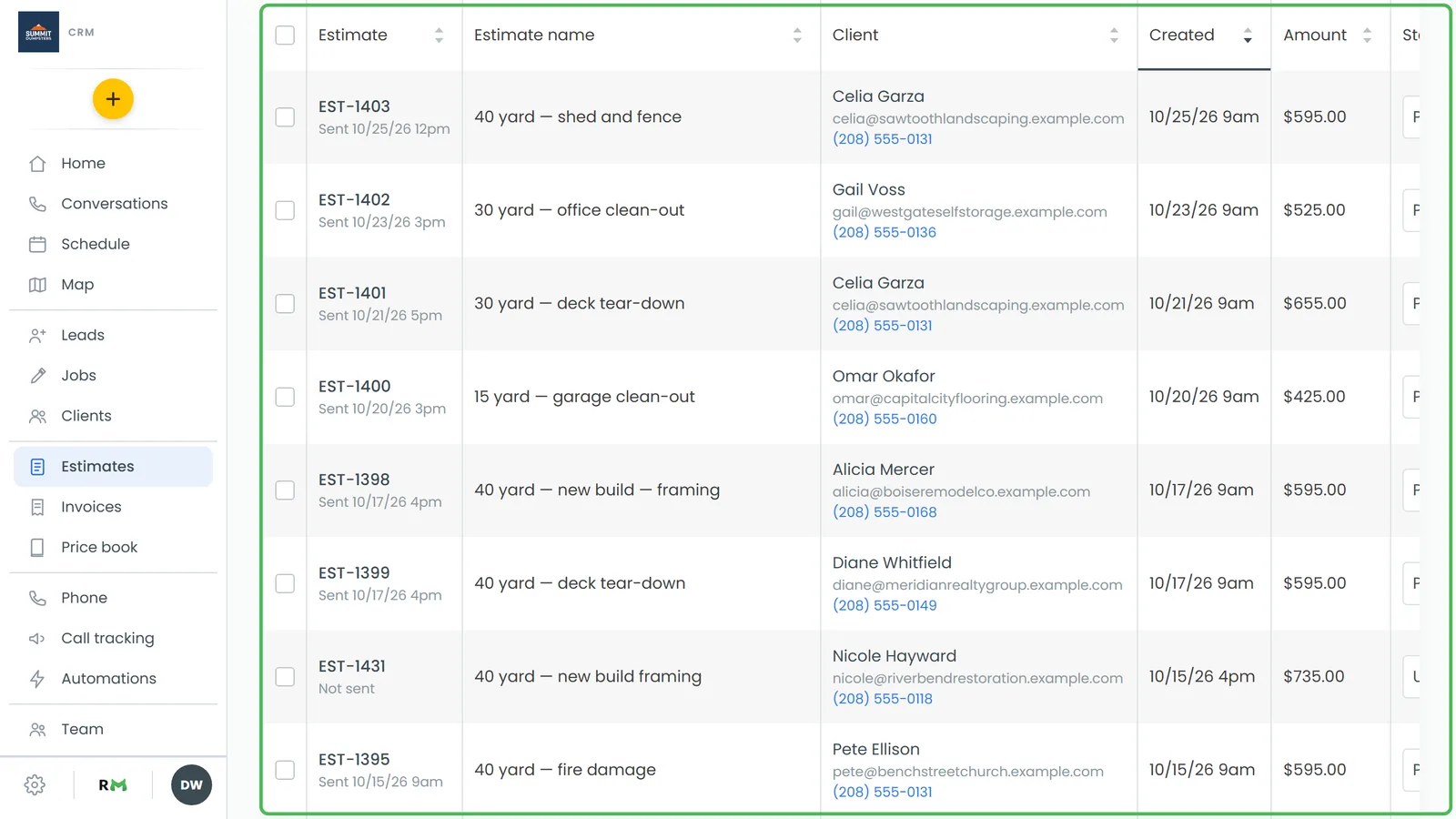 The Status column on the Estimates list