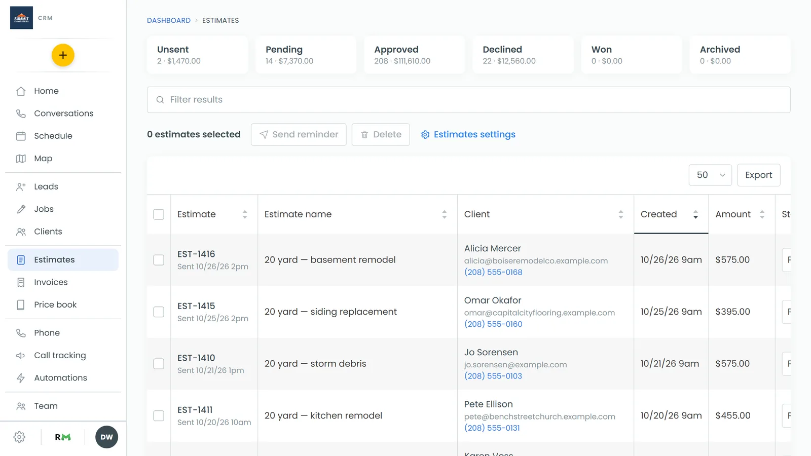 The Estimates page, with status tiles at the top and the list below