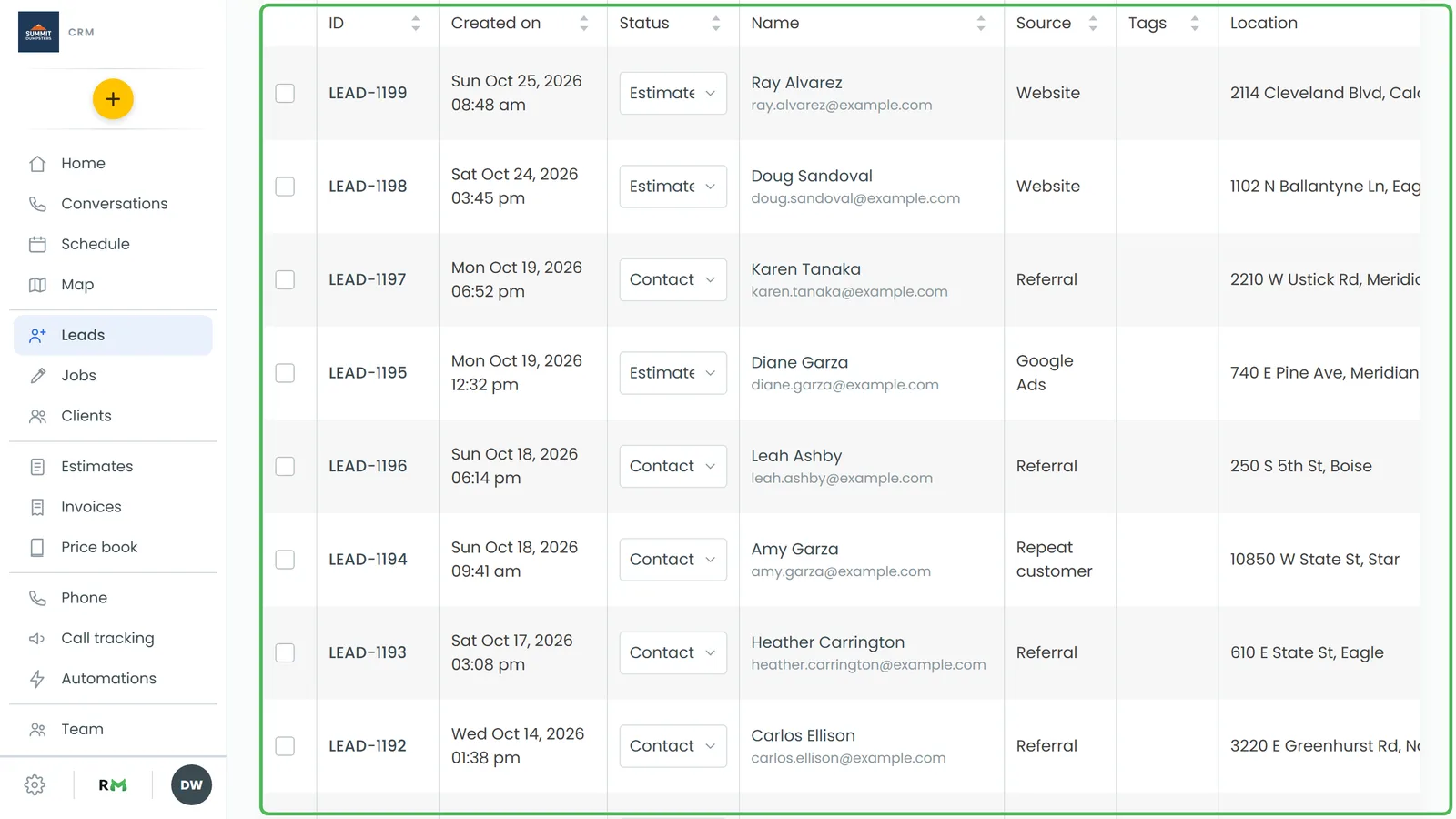 The Leads page, with your lead statuses across the top